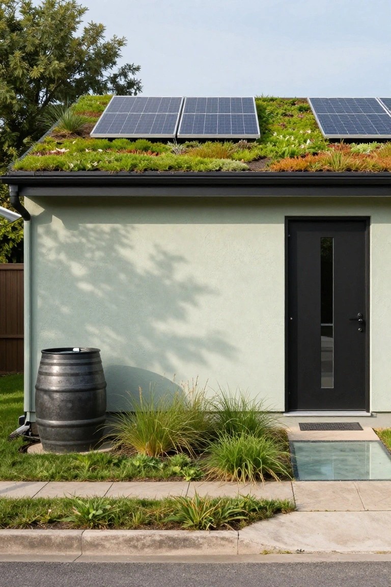 Modern house exterior with sedum green roof integrated with solar panels, pale green stucco walls, black front door, steel rainwater barrel, ornamental grasses, and glass entry platform on a concrete path.