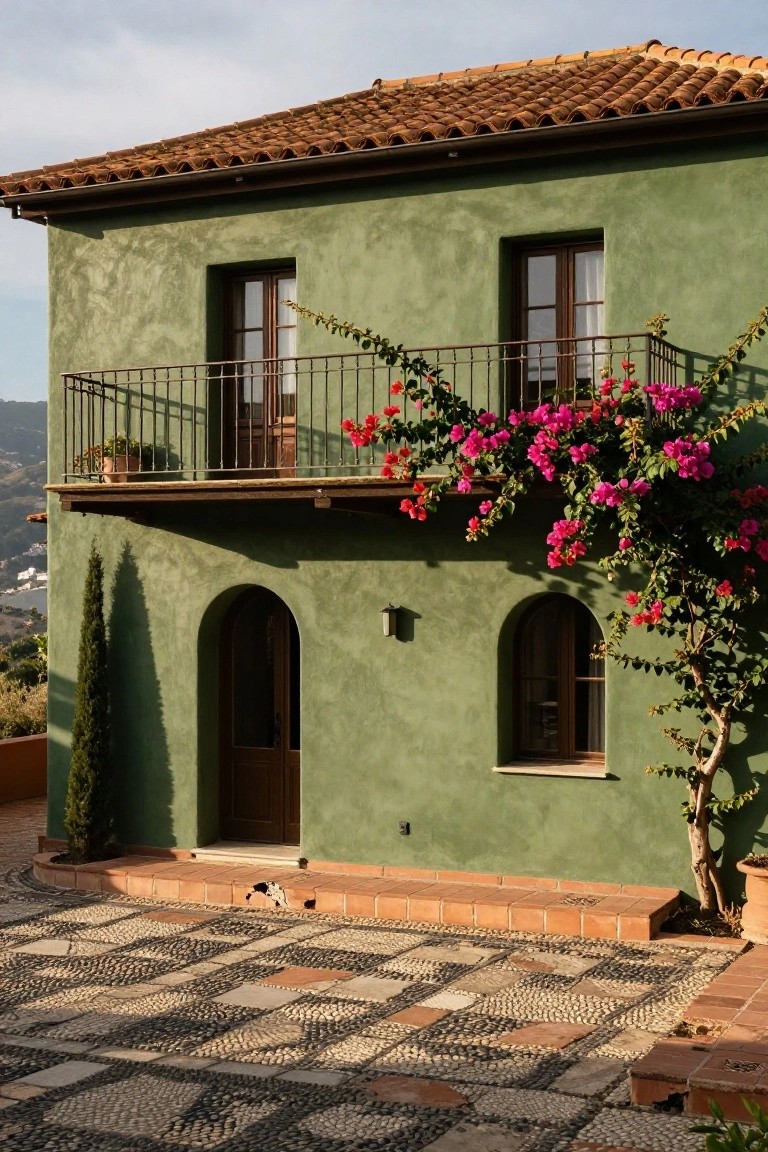 Green stucco house exterior with terracotta tile roof, iron balcony covered in pink bougainvillea vines, arched wooden entry door, slim cypress tree, and pebbled patio in front.