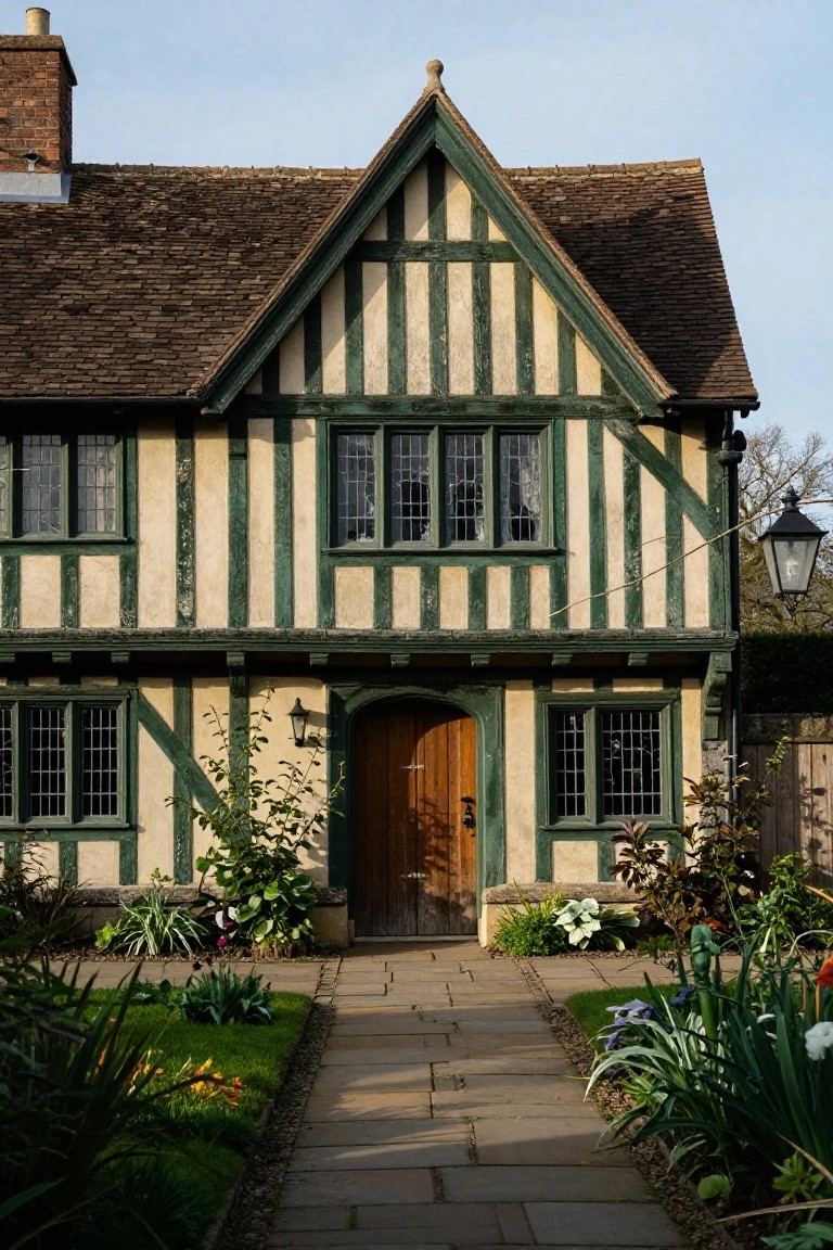 A two-story half-timbered house with dark green painted timbers on light plaster walls, leaded glass windows, arched wooden front door, lantern light, flagstone path, and border plants leading to the entrance.
