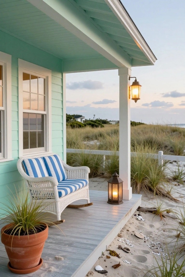 Mint green clapboard beach house exterior with covered porch, white wicker rocking chair with blue striped cushions, potted grass plant, hanging and floor lanterns, white fence, sand, shells, and dune grass.