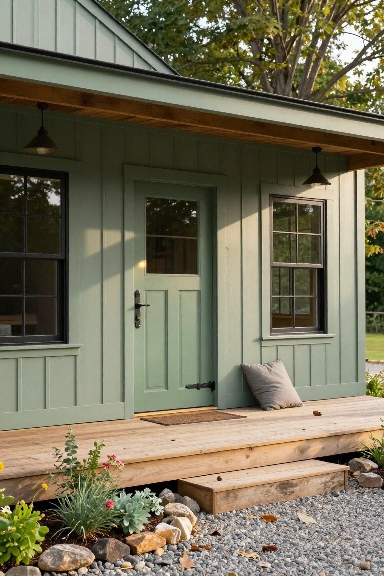 Small sage green clapboard house with board-and-batten siding, wooden porch steps, green glass door, black-framed windows, hanging lanterns, gray pillow on porch, doormat, and gravel yard with plants and rocks.