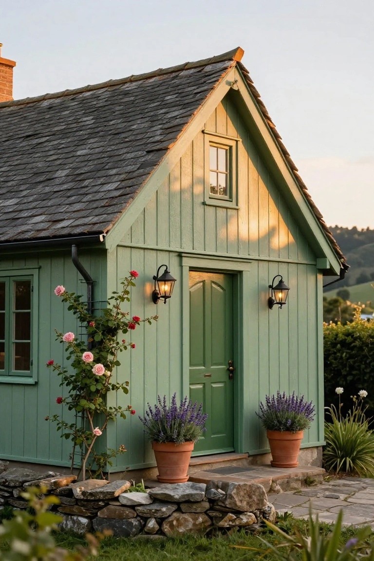 Small wooden garden shed painted sage green with slate roof, green arched door flanked by black lanterns and terracotta pots of lavender, climbing pink roses on left side, stone wall base, and garden plants in evening light.