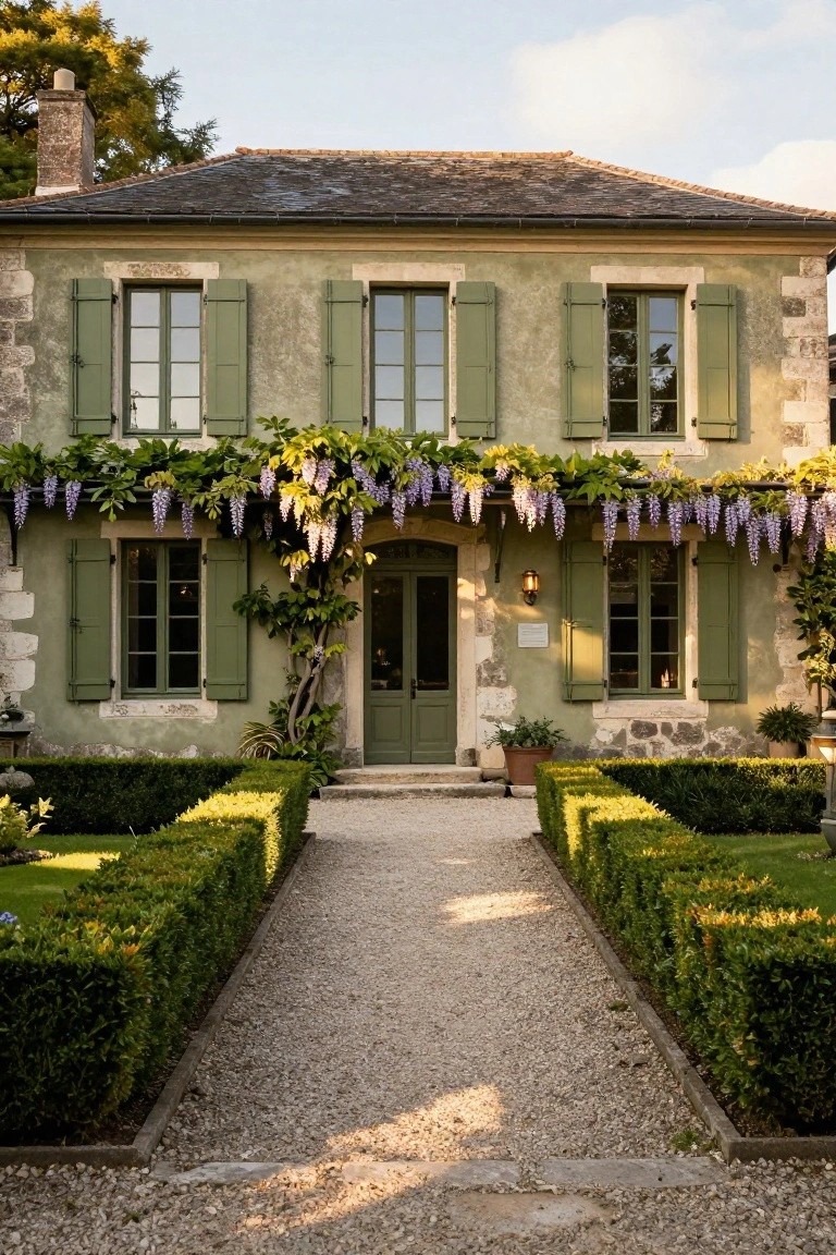 Front view of a two-story house with pale sage green painted stone walls, green shutters on multi-pane windows, cascading wisteria vines over the centered entry door, boxwood hedges flanking a central gravel path, and potted plants near the steps.