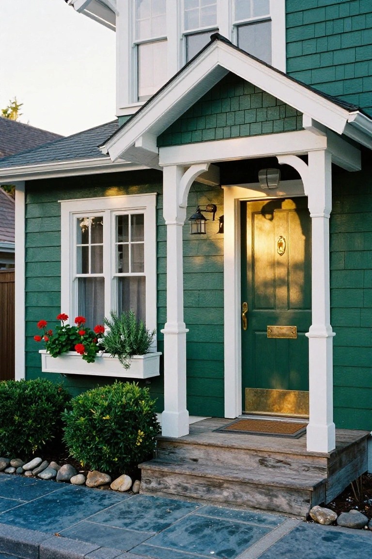 Green shingled house with white gabled porch, dark green front door with brass knocker and letterbox, flower box on side window, shrubs and rocks along the front path.