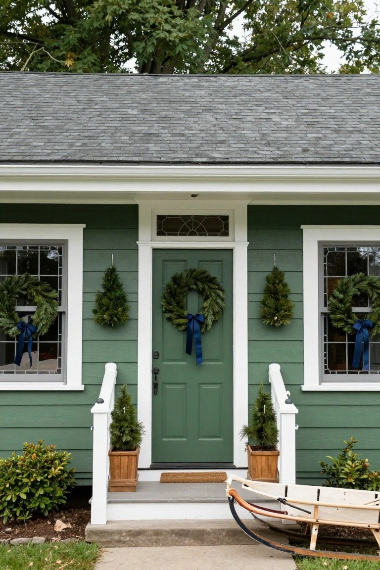 Sage green house exterior with white trim and dark green door, decorated with evergreen wreaths tied in navy blue ribbons on two side windows and the front door, potted fir trees on porch columns, shrubs at base, and a wooden sled on the sidewalk.