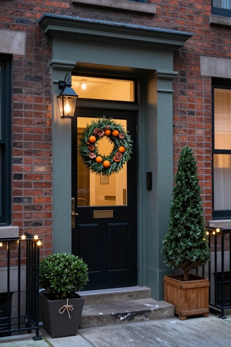 Red brick townhouse entry with black double door in dark green frame, decorated with evergreen wreath featuring oranges and dried roses, lit lantern light, potted boxwood plant on left, small pine tree in wooden planter on right, and string lights on metal railing.