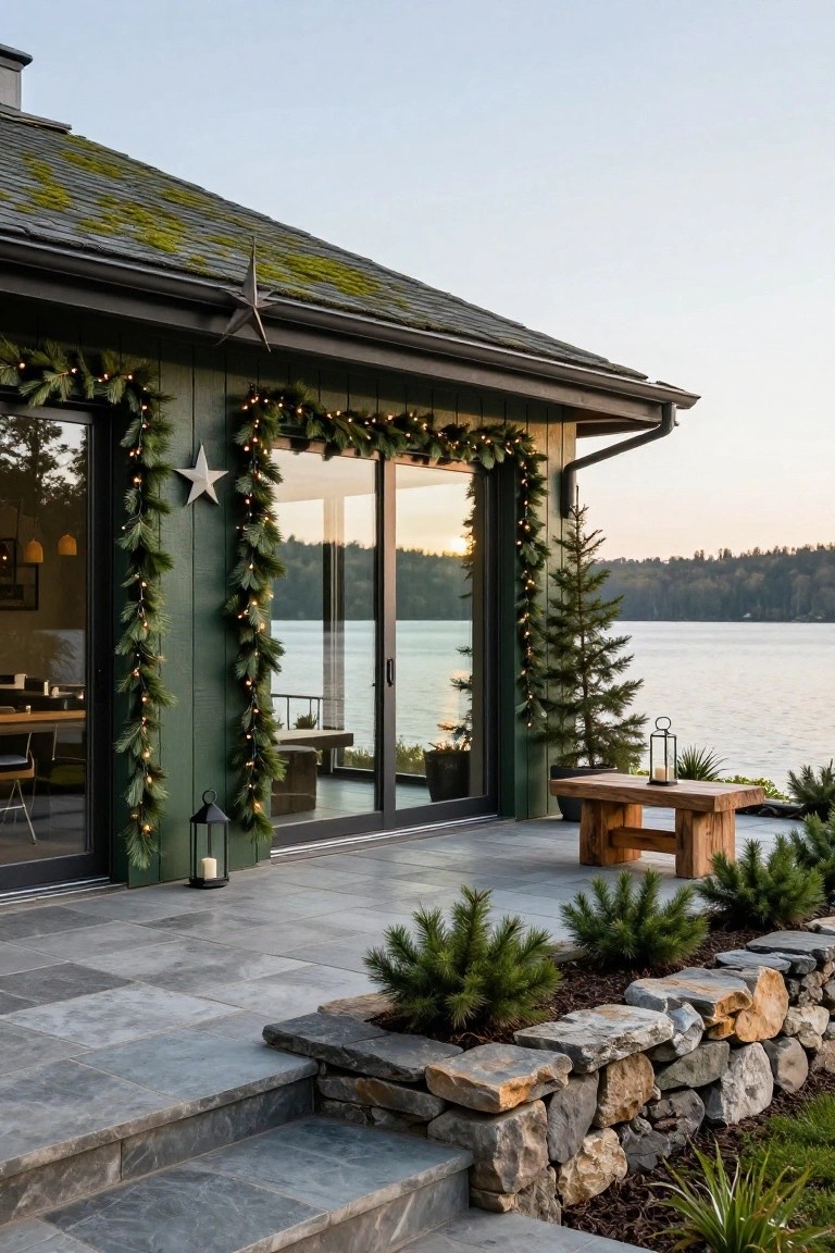 Dark green house exterior with vertical evergreen garlands strung with white lights flanking large glass sliding doors overlooking a lake, wooden bench on slate patio, small trees, stone wall, and landscaping.