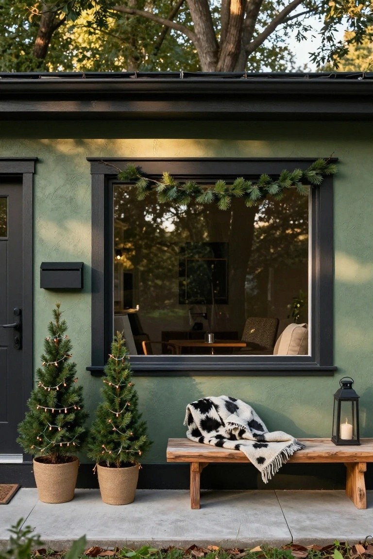 Dark green house exterior with black door and window decorated with pine garland, flanked by two small lit Christmas trees in pots, a wooden bench with black-and-white blanket, black lantern with candle, and fall leaves on the ground.