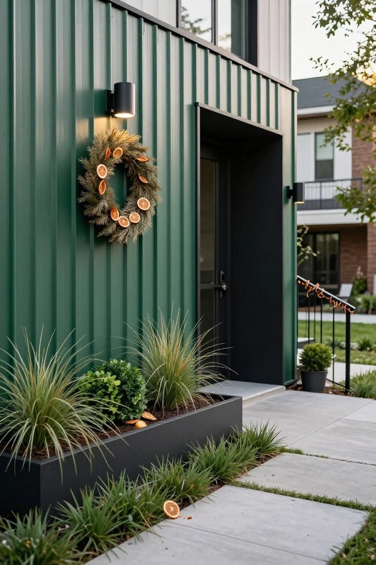 Green corrugated metal siding on modern house exterior with black entry door decorated by pine wreath with dried orange slices, black wall lights flanking door, grasses and boxwood in black rectangular planter, concrete pathway edged by low plants.