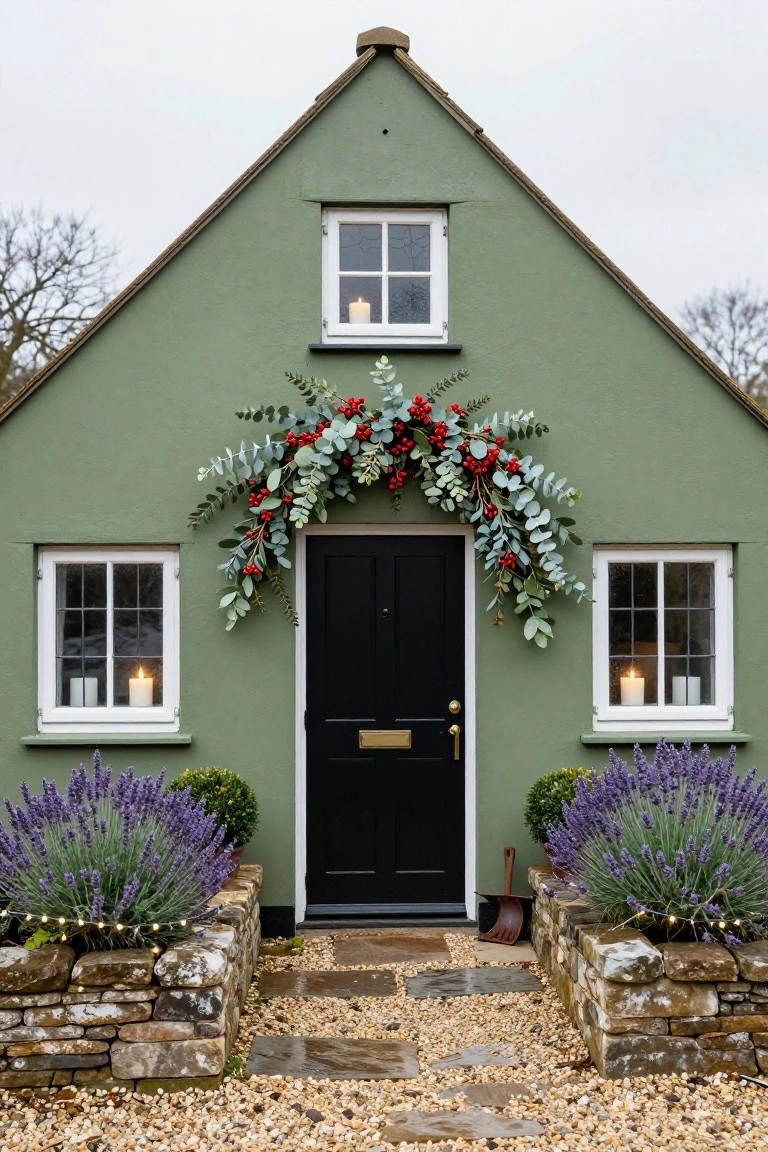 Green painted cottage exterior with peaked roof, black front door framed by eucalyptus and berry garland arch, lavender plants in stone beds on either side, candles lit in side windows, gravel path leading up.