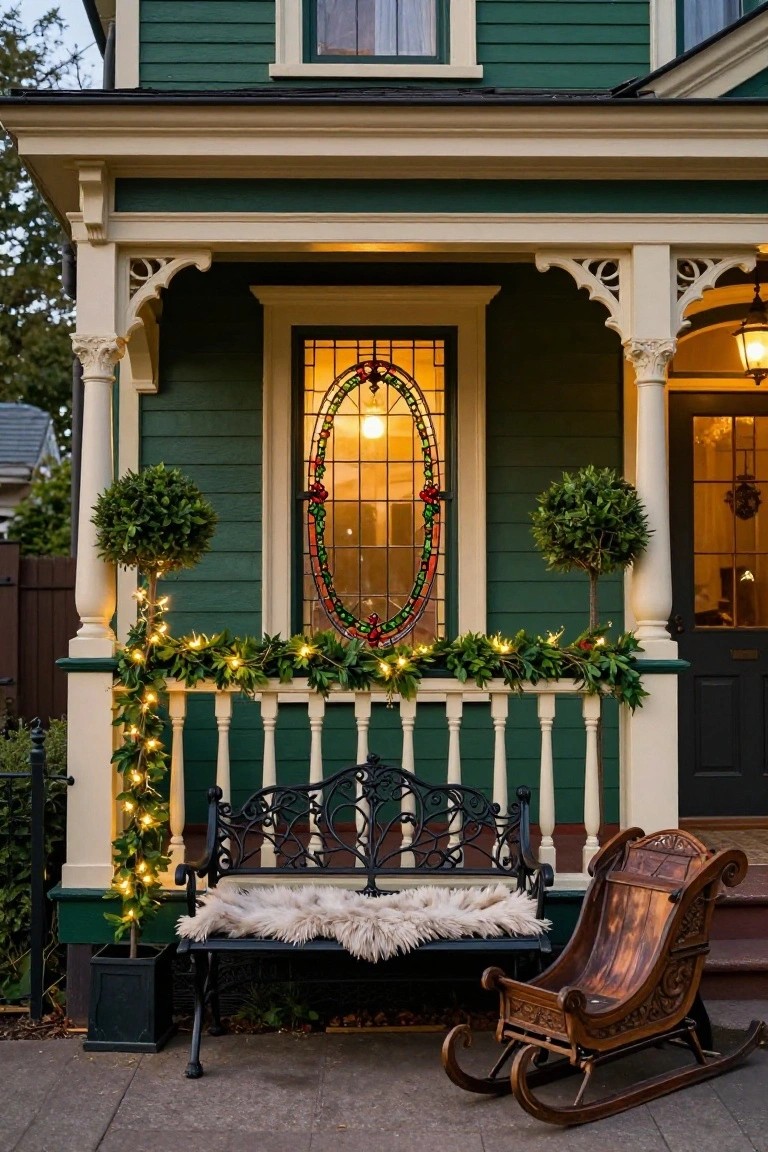 Green Victorian house exterior with ornate porch featuring evergreen garlands and fairy lights on railings and balcony, flanked by topiary trees, a black metal bench with sheepskin throw, and a wooden sleigh on the sidewalk.