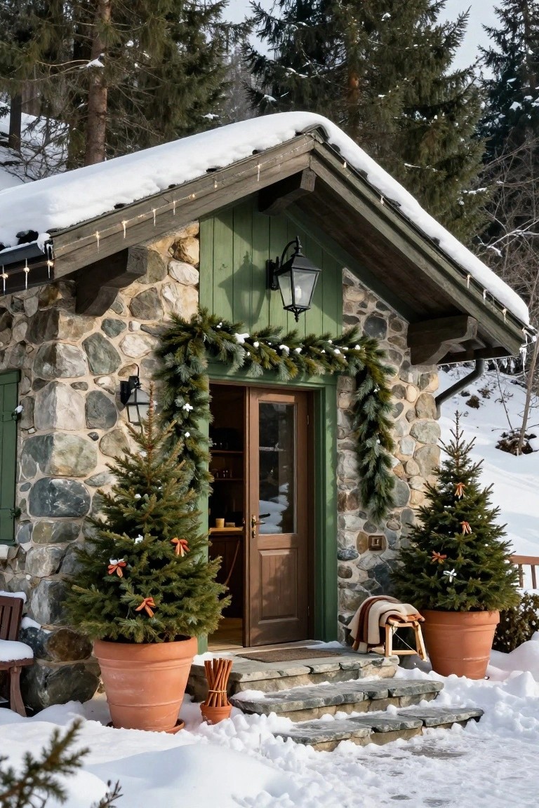 Small green wooden cabin with stone base and snow-covered roof in alpine snowy setting, featuring evergreen garland around the open wood door, potted Christmas trees flanking the entry, lanterns, string lights, and a bench nearby.