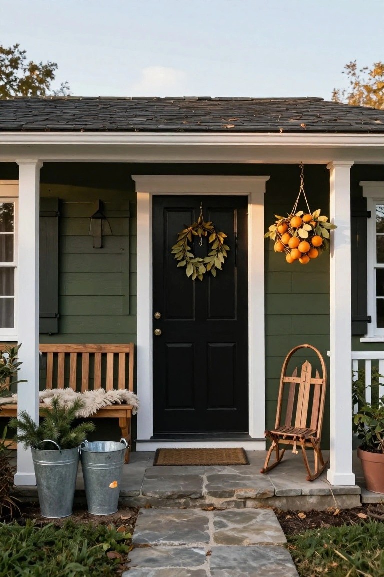 Sage green clapboard house with covered front porch, black door with magnolia wreath, hanging basket of oranges and leaves, wooden bench with sheepskin throw and pine branches in metal buckets, wooden rocking chair, stone steps leading to doormat.