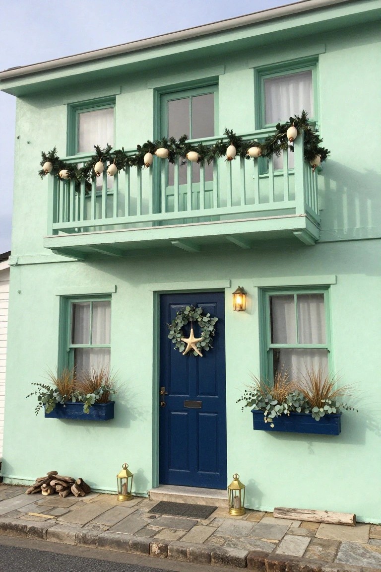 Two-story mint-green house exterior with second-floor balcony draped in evergreen garland and white egg-shaped ornaments, navy front door with eucalyptus wreath and starfish accent, blue window boxes planted with grasses and eucalyptus, flanked by gold lanterns and stacked driftwood on a stone path.