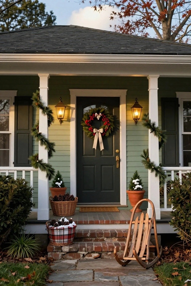 Sage green house with white porch columns wrapped in evergreen garlands, dark green front door with berry wreath, flanked by lanterns, potted plants with snow, pinecone baskets, and wooden rocking sled on brick steps.
