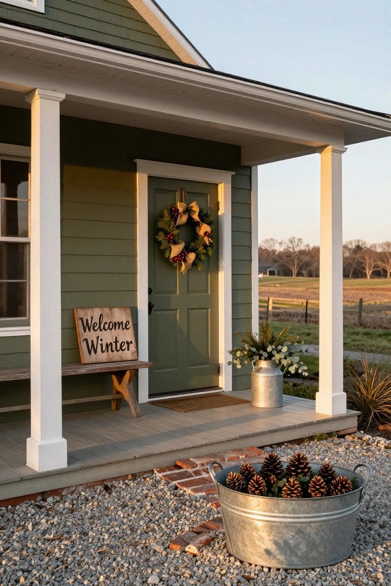 Sage green shingled house exterior with covered porch, green front door with burlap and pine wreath, 