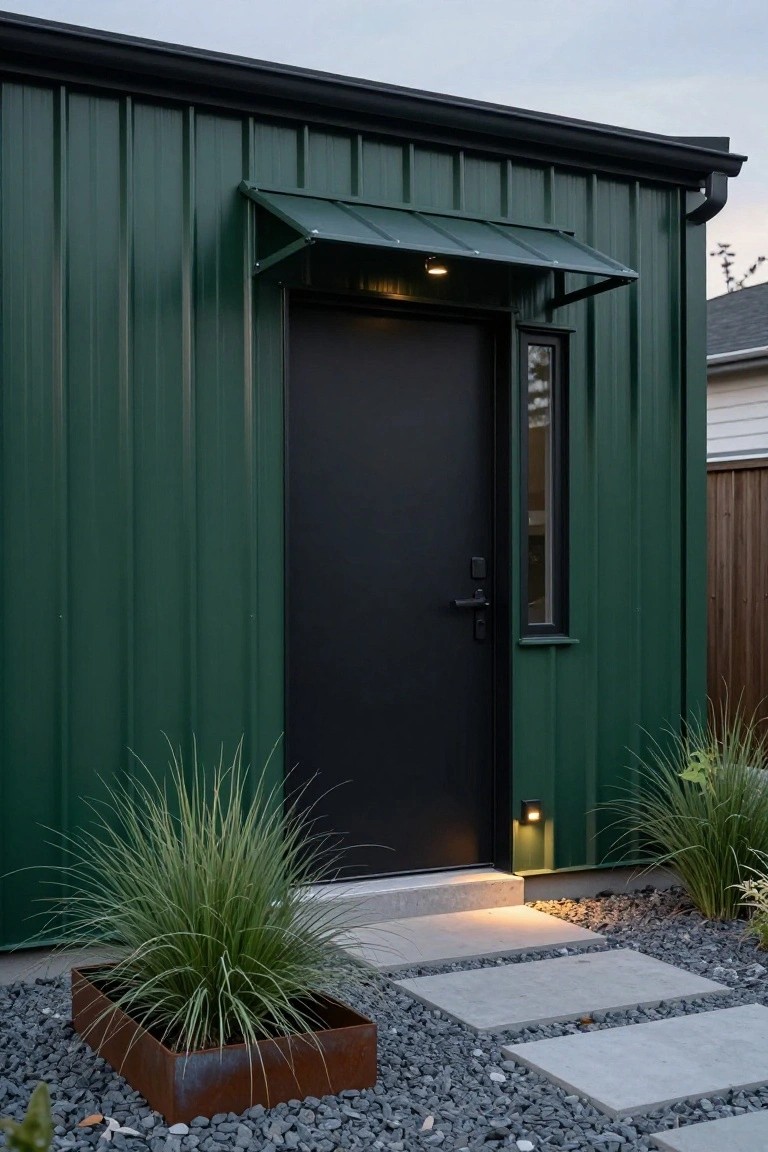 Green corrugated metal building with black front door under matching awning, flanked by tall grasses in rusted metal planter box, concrete paver steps, and gravel ground cover.