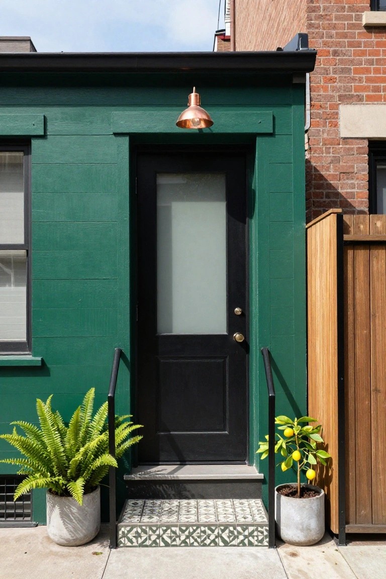 Dark green painted wooden house exterior with black front door featuring frosted glass panel, copper pendant light above, black metal railing, potted fern plant on left, potted lemon tree on right, and patterned tile steps to sidewalk.