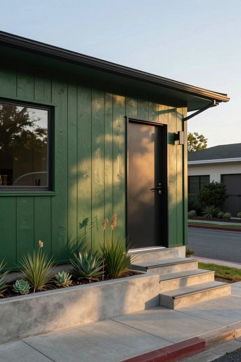 Exterior view of a green board-and-batten wood-sided house featuring a black entry door next to a large window, with concrete steps leading up from the sidewalk and a raised bed of succulents and grasses.