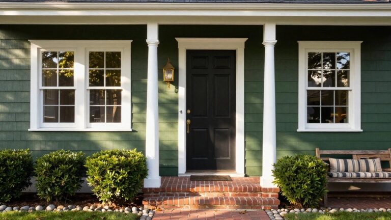 Sage green clapboard house exterior with black front door, white window frames, brass lantern light, wooden bench with striped cushion, brick entry steps, boxwood shrubs, and gravel path.