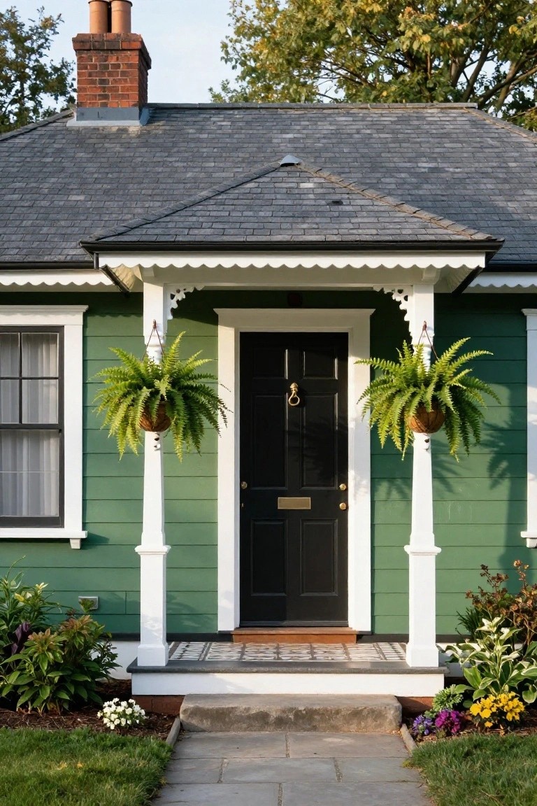 Front exterior of a small house with sage green siding, dark slate roof, white porch with scalloped trim and columns, two hanging fern plants flanking a black front door with brass knocker and letterbox, tiled entry step, flower beds, and stone path leading to grass lawn.