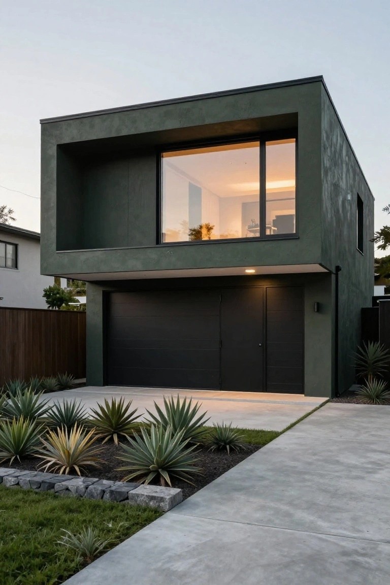 Modern two-story house with olive-green textured walls, large upper-level window, black double garage door and adjacent entry door, agave plants along concrete driveway and stone edging, wooden fence and neighboring house in background.