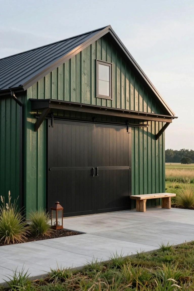 Dark green board-and-batten garage with black sliding barn doors, wooden bench, lantern, and ornamental grasses on a concrete pad beside fields and trees.