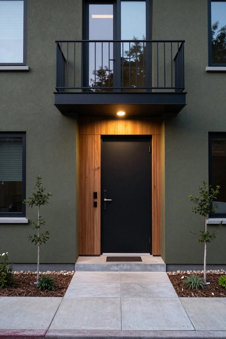 Front view of a two-story green stucco house with a black front door framed in vertical wood panels, black metal balcony above the door, flanked by large windows, small trees in mulch beds, and a concrete entry path.