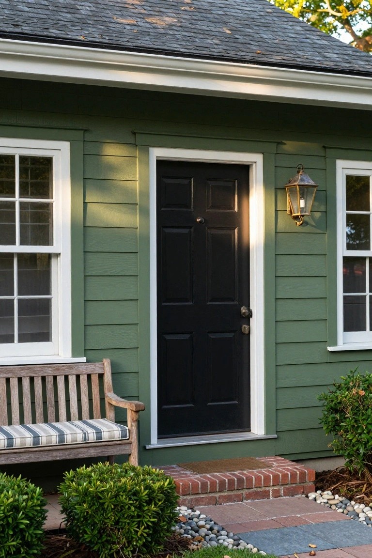 Sage green clapboard house exterior with black front door, white window frames, brass lantern light, wooden bench with striped cushion, brick entry steps, boxwood shrubs, and gravel path.