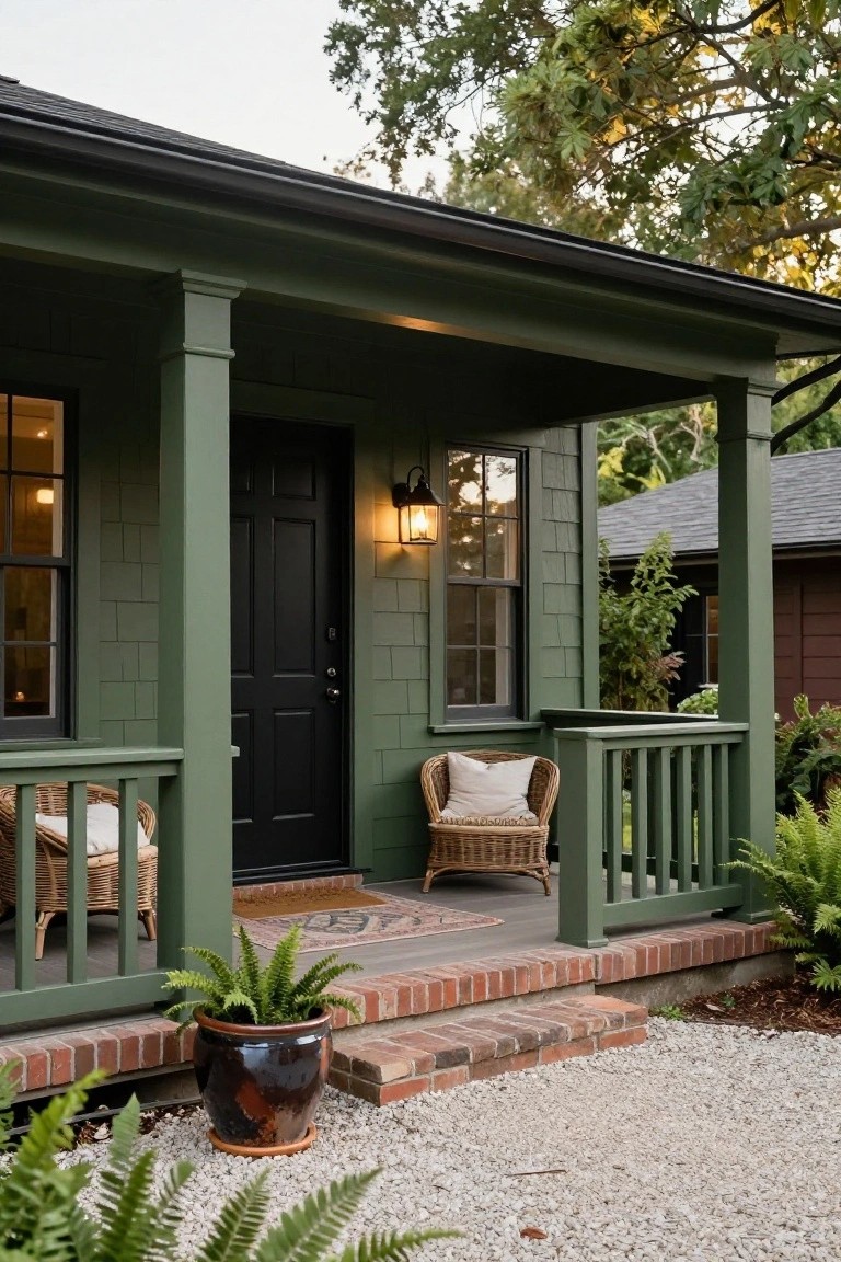 Dark green shingle siding house with black front door on a covered porch, wicker chairs, potted plants, lantern light, brick steps, and gravel path surrounded by ferns and trees.
