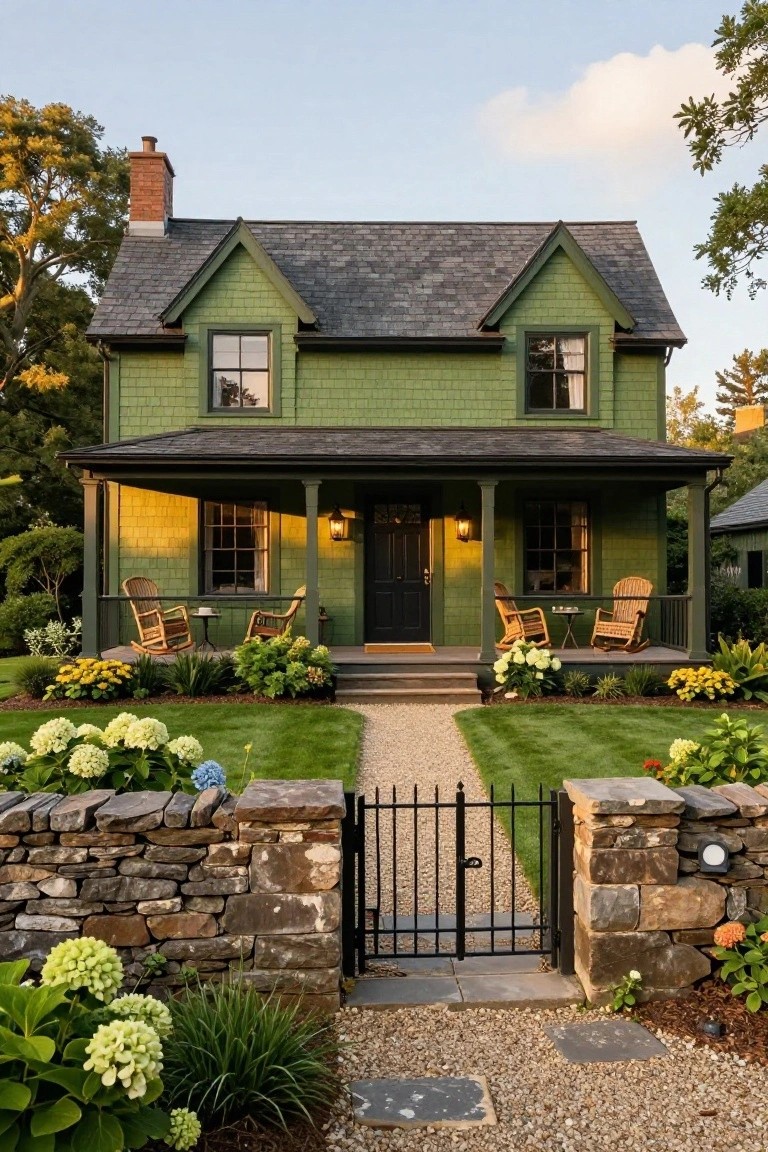 Two-story green shingle-style house with gabled slate roof, black front door, covered porch with wicker rocking chairs and lanterns, flanked by hydrangeas and leading to a gravel path through a stone wall with black metal gate.