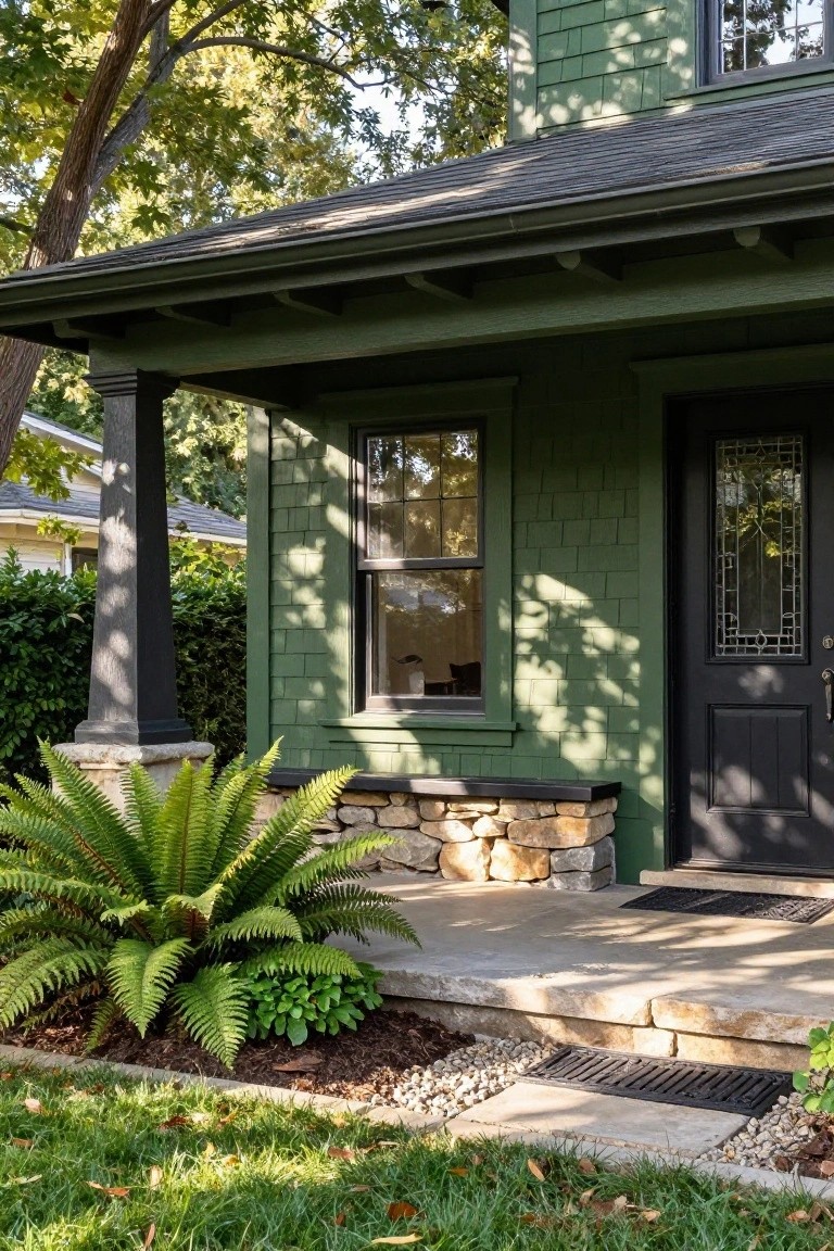 Green shingled house exterior with covered front porch, black door featuring leaded glass panels, stone base accents, ferns, hostas, gravel edging, and grass lawn.