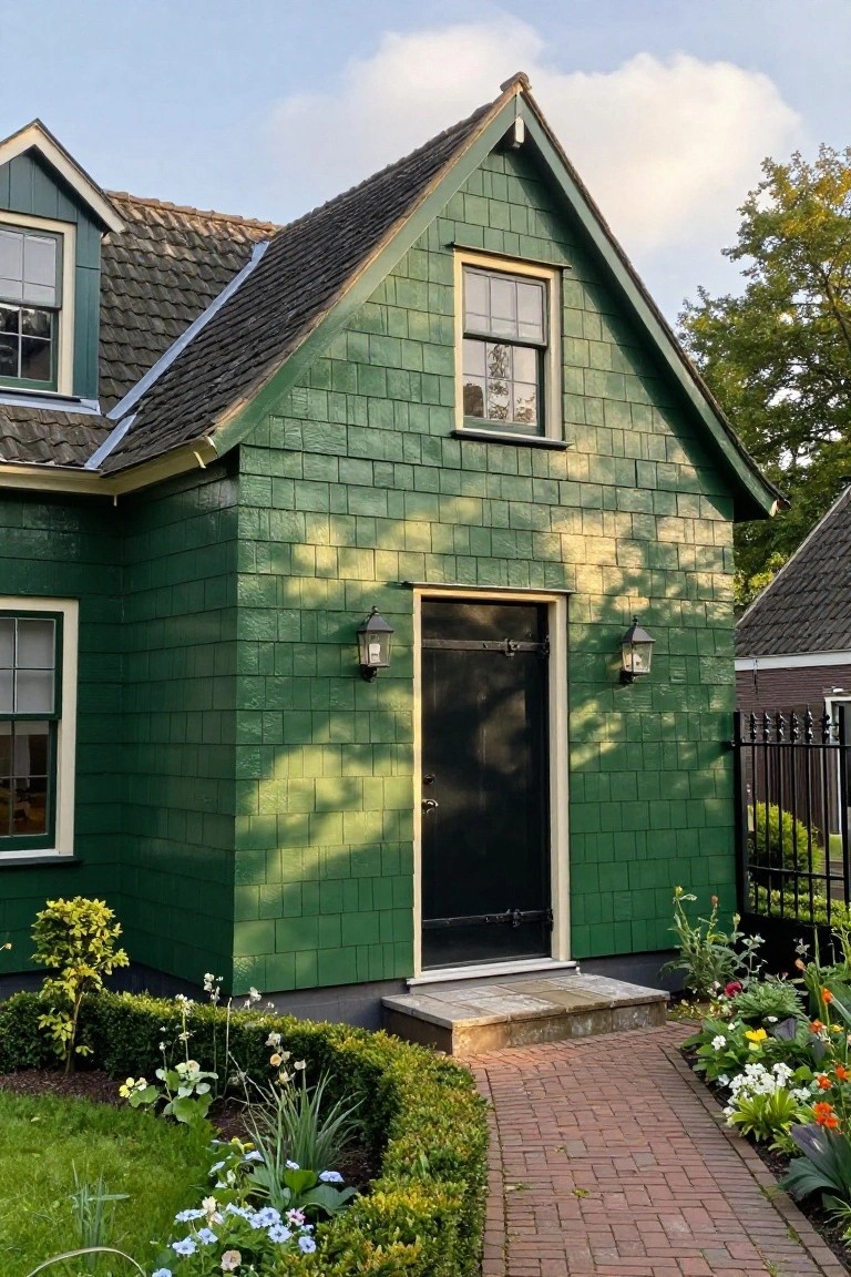 Green shingled house exterior with gabled roof, black front door flanked by lanterns, brick pathway leading to entrance, boxwood hedges and flower borders along the front yard.