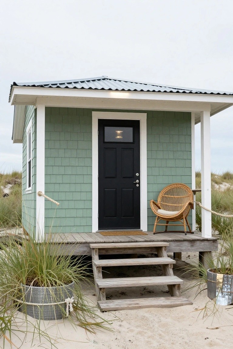 Small mint-green shingled house with black front door elevated on wooden pilings beside sand dunes and beach grass, rattan chair on deck and metal bucket planters nearby.