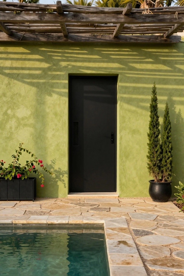 Lime green stucco exterior wall with a black door beside a pool edge, stone paver patio, potted red flowers, black pot with cypress trees, and wooden pergola overhead.