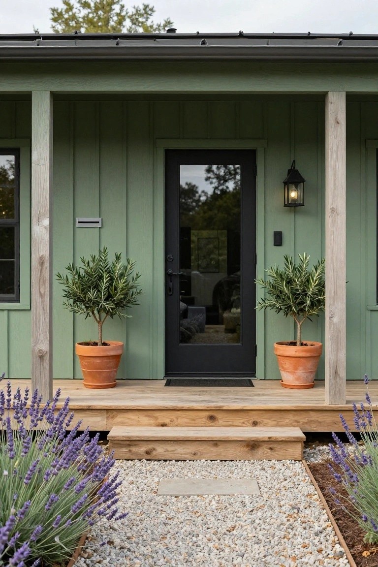 Front exterior of a sage green board-and-batten house with black glass front door, wooden porch, potted olive trees flanking the entry, wall-mounted lantern, and gravel path bordered by lavender.