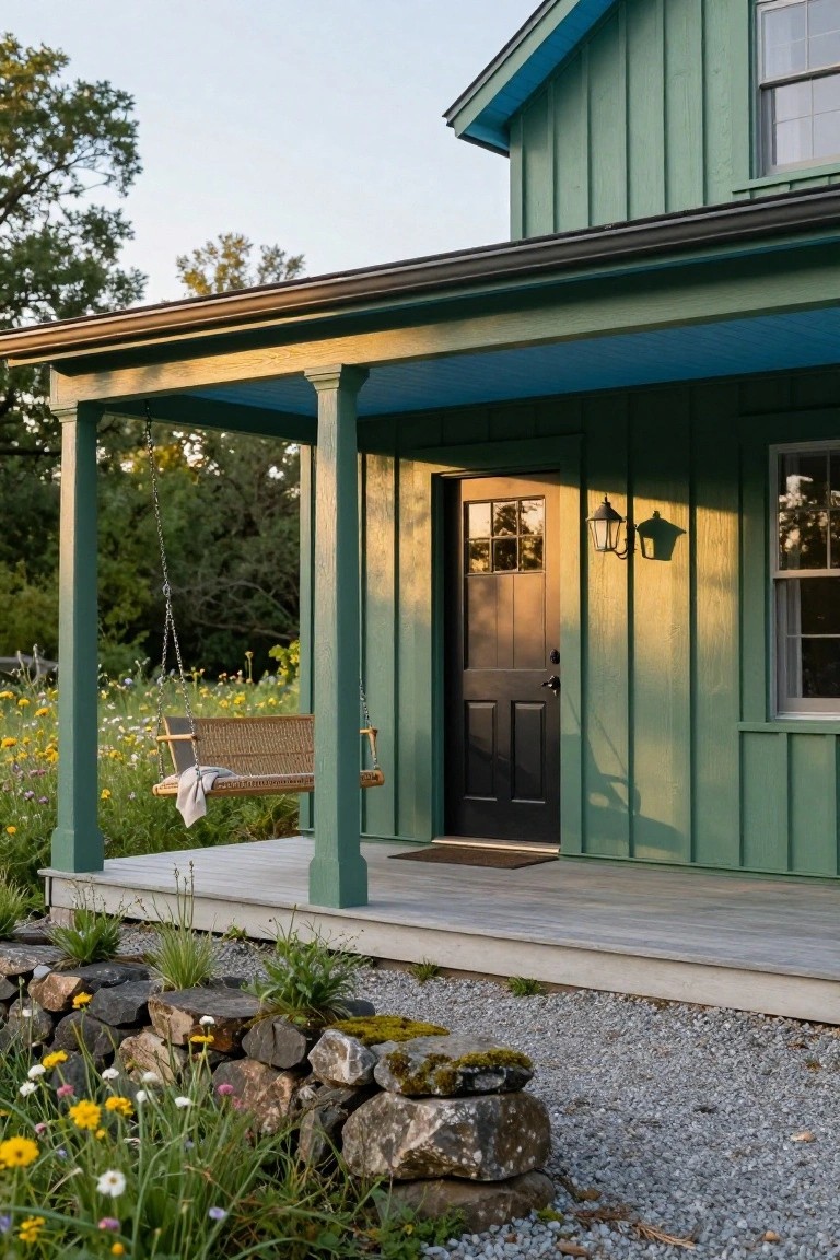 Green clapboard house exterior with black front door on a porch featuring rattan swing, lanterns, wood deck, and stone wall base with wildflowers.