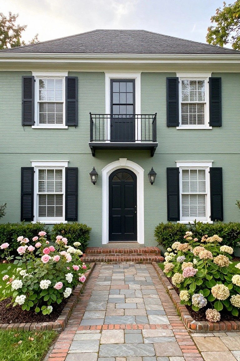 Two-story seafoam green house with black shutters, black front door under arched surround, small black metal balcony above door, flanked by rose bushes and hydrangeas beside brick-edged stone walkway.