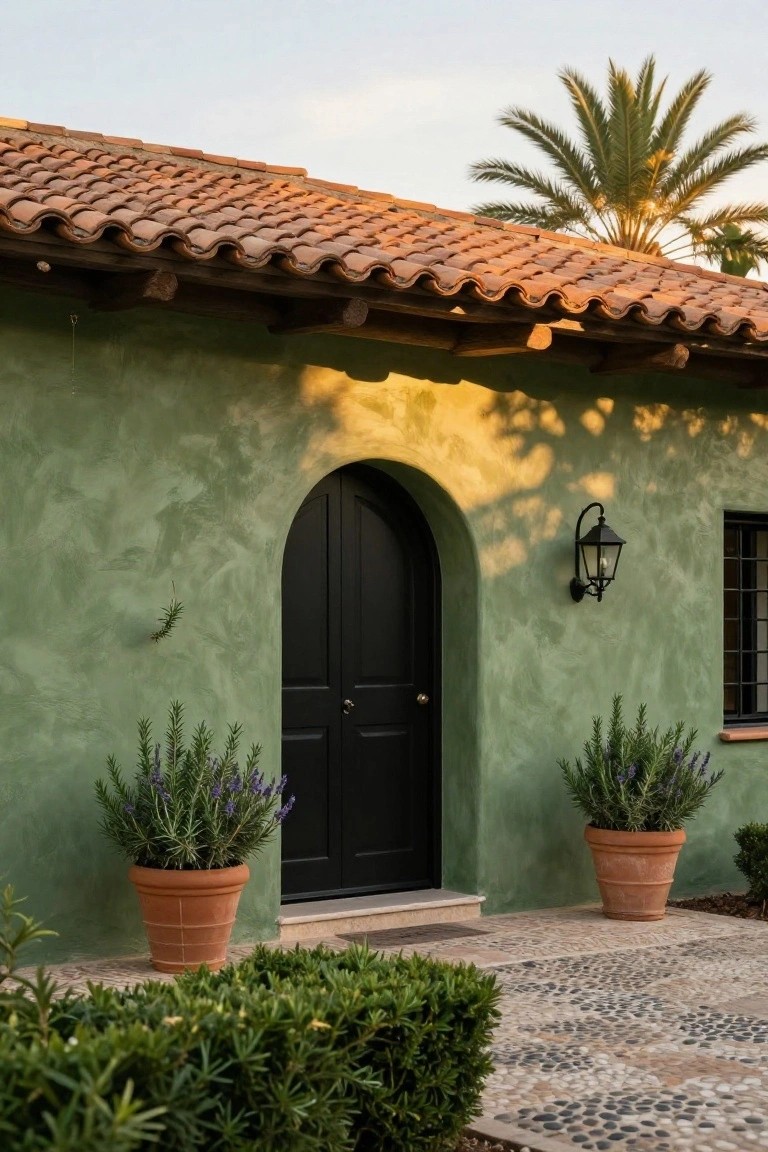 Sage green stucco house exterior with terracotta tile roof, black arched front door, wall lantern, potted rosemary and lavender plants on either side, pebble stone pathway, and low boxwood shrubs in front.