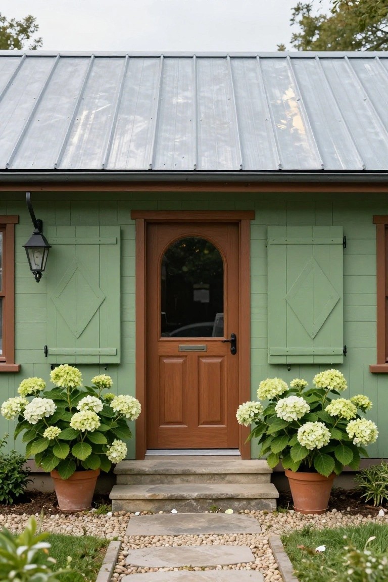 Mint green house exterior with brown arched wood front door featuring glass top panel, matching green diamond-patterned shutters, two large terracotta pots of white hydrangea flowers flanking stone entry steps, and a pebble stone path.