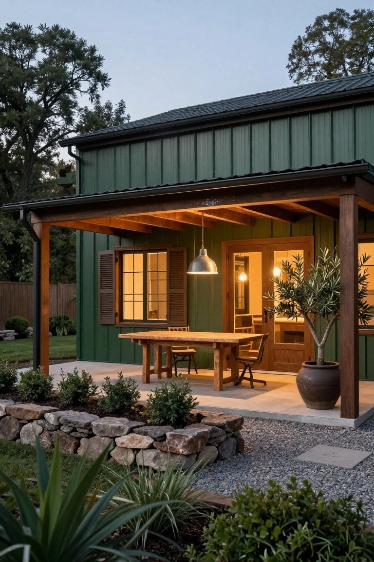 Green vertical metal siding house with brown wood covered porch, wooden dining table and chairs, hanging pendant light, potted olive tree in terracotta pot, stone wall border, gravel patio area at dusk