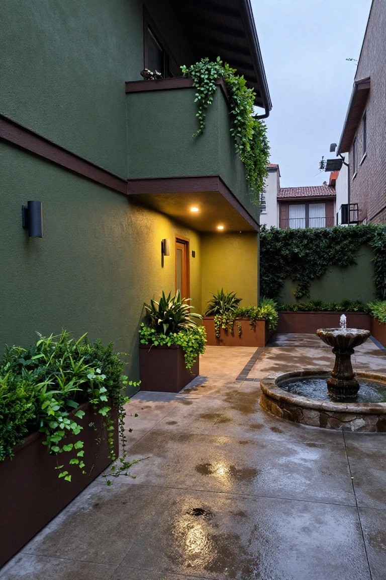 Green stucco house exterior with brown trim and wooden entry door, featuring a paved courtyard with central stone fountain, large brown planters filled with greenery, climbing vines on walls, and wet pavement after rain.