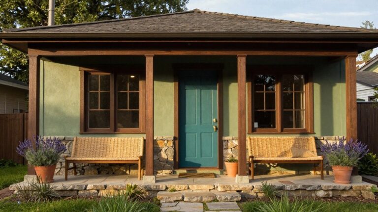 17 Green Houses With Brown Trim That Blend Naturally Front exterior of a small sage green clapboard house with brown wood trim, dark green front door, covered porch supported by wooden posts, wicker chair, potted lavender plants on porch steps, stone walkway, and surrounding grass and rocks.