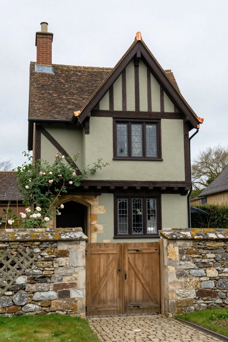 A two-story sage green half-timbered cottage with dark brown beams, steeply pitched roof, leaded glass windows, pink climbing roses on the facade, arched stone entryway with wooden double gate in a stone wall, and cobblestone path in front.