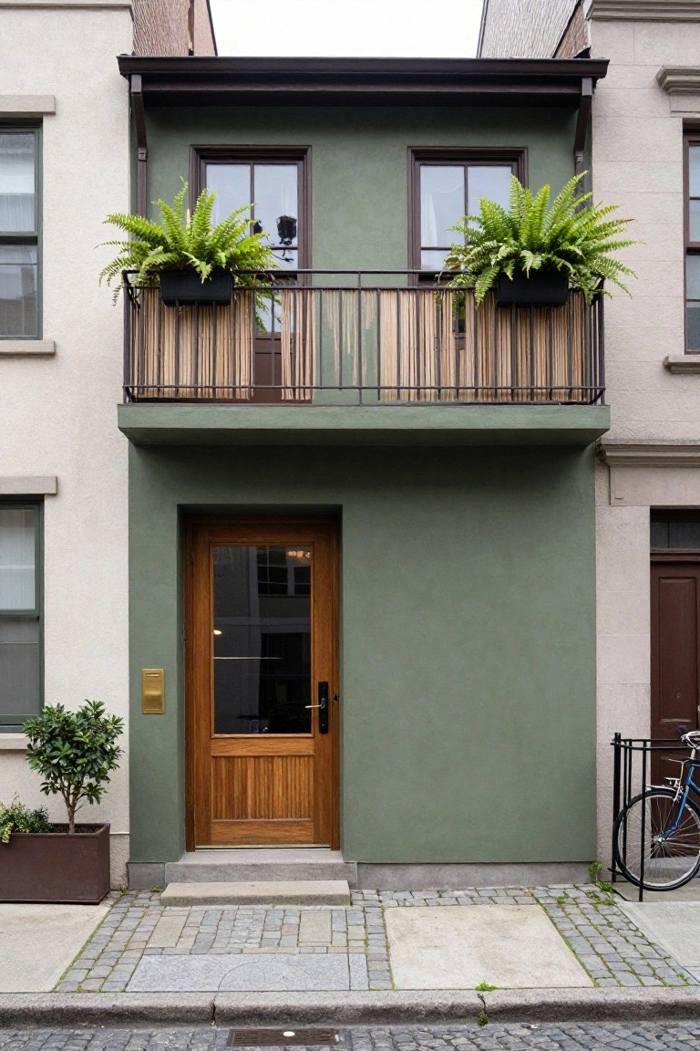 Narrow two-story townhouse painted sage green with wooden front door, black metal balcony railing holding fern planters, small potted tree by the entry, and blue bicycle parked on the sidewalk beside a cobblestone street flanked by beige neighboring buildings.