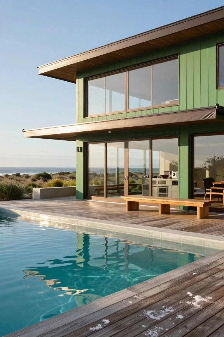 Two-story modern green house with brown wood trim and overhanging roof, large glass sliding doors opening to a wooden deck and pool overlooking beach dunes.