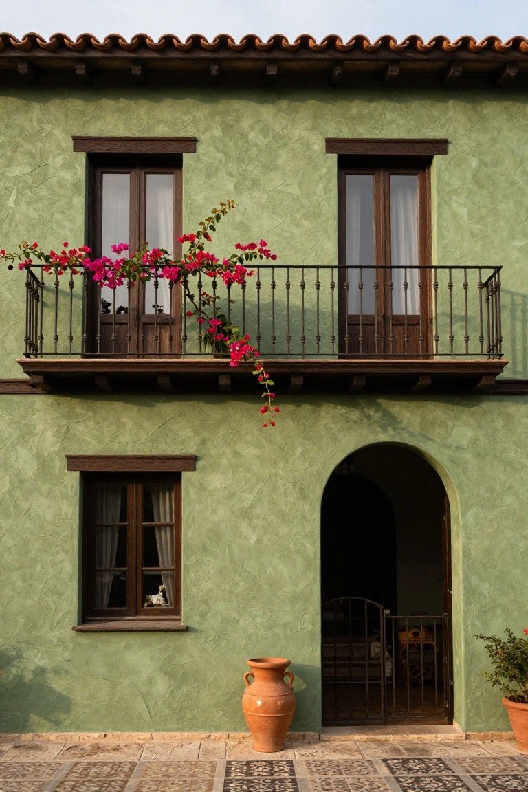 Green stucco two-story house facade with brown wood window and door frames, wrought iron balcony draped in pink bougainvillea vines, arched entry with metal gate, terracotta pots, and patterned tile patio.