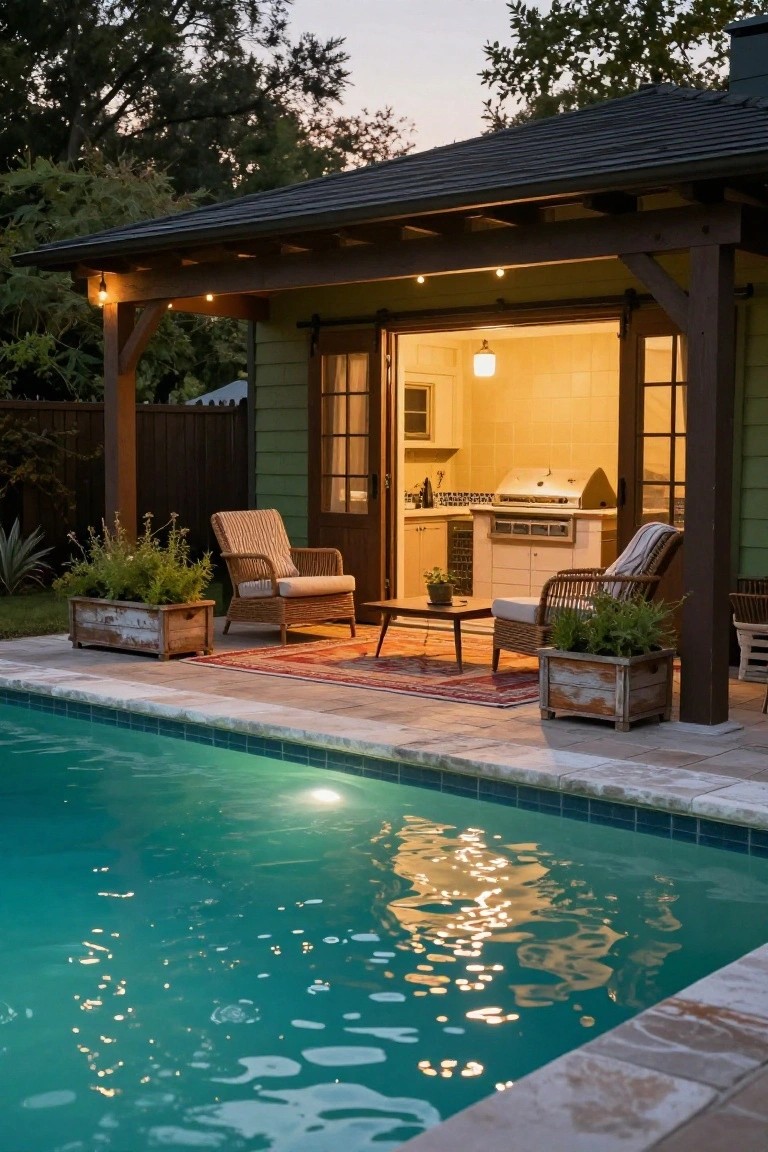 Sage green pool cabana with dark wood trim and open glass doors revealing tiled kitchen, wicker chairs on patio rug, potted plants, and adjacent turquoise pool at dusk.