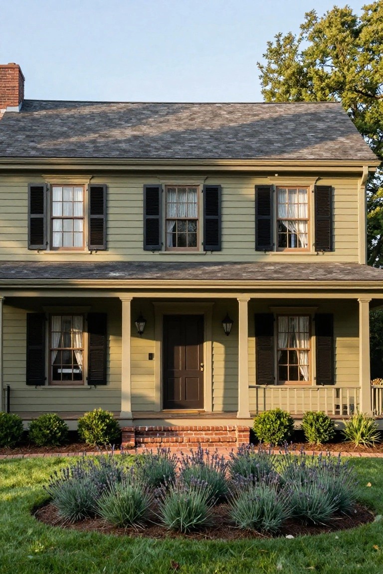 Two-story sage green clapboard house with black shutters on multipaned windows, columned front porch, dark wood door, red brick steps, boxwood shrubs, circular lavender planting bed, and front lawn under a partly cloudy sky.