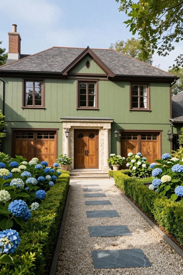 Front view of a two-story sage green house with dark brown trim, slate roof, stone entry archway with double wood doors, paired wooden garage doors, and a gravel path lined with blue hydrangeas and boxwood hedges.